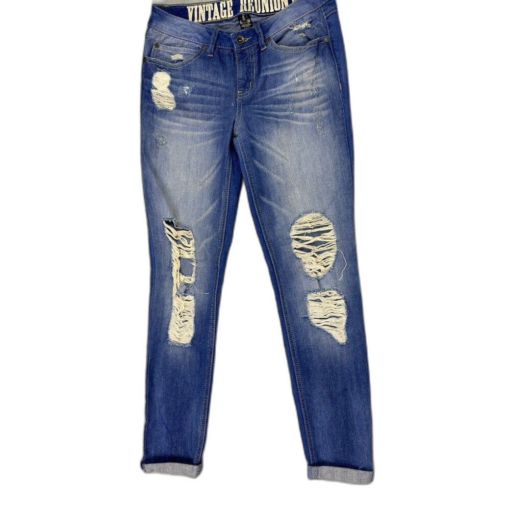 Rewash Size 5 27 Womens Jeans Low Rise Distress Crop Cuff Stretch Med Wash